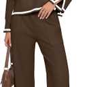 Women's 2 Piece Sweater Set Long sleeve Knit Top Wide Leg Pants Lounge Sweatsuit Fall Winter Outfits with Pocket (Brown)