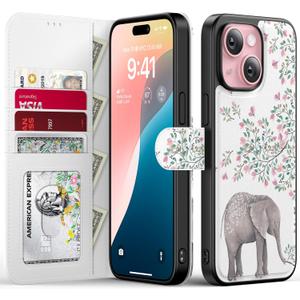 FUNMIKO for iPhone 14 Case Wallet,Detachable Flip Folio Leather Cover,RFID Blocking 4 Card Slots Holder,Magnetic Kickstand,Protective Phone Shell,Elephant Floral