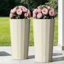 23.6" Tall Outdoor Planters Set of 2, Large Planters for Outdoor Plants for Porch Decor with Drainage Hole, Wide Stripe Design Porch Flower Pots for Indoor Pot Patio/Garden, Off White