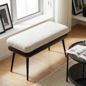 32" Retro Upholstered Entryway Bench, Leather & Fabric Shoe Bench with Removable Cushion, End of Bed Bench for Bedroom, Small Dining Bench for Living Room, Storage Bench for Hallway & Foyer