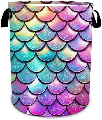Mermaid Scale Laundry Basket, Glitter Rainbow Laundry HamperFoldable Waterproof Funny Tote Bag Dirty Clothes Storage Bucket Toy Organizer for Bathroom/Laundry/Bedroom 15.7"x19.6"