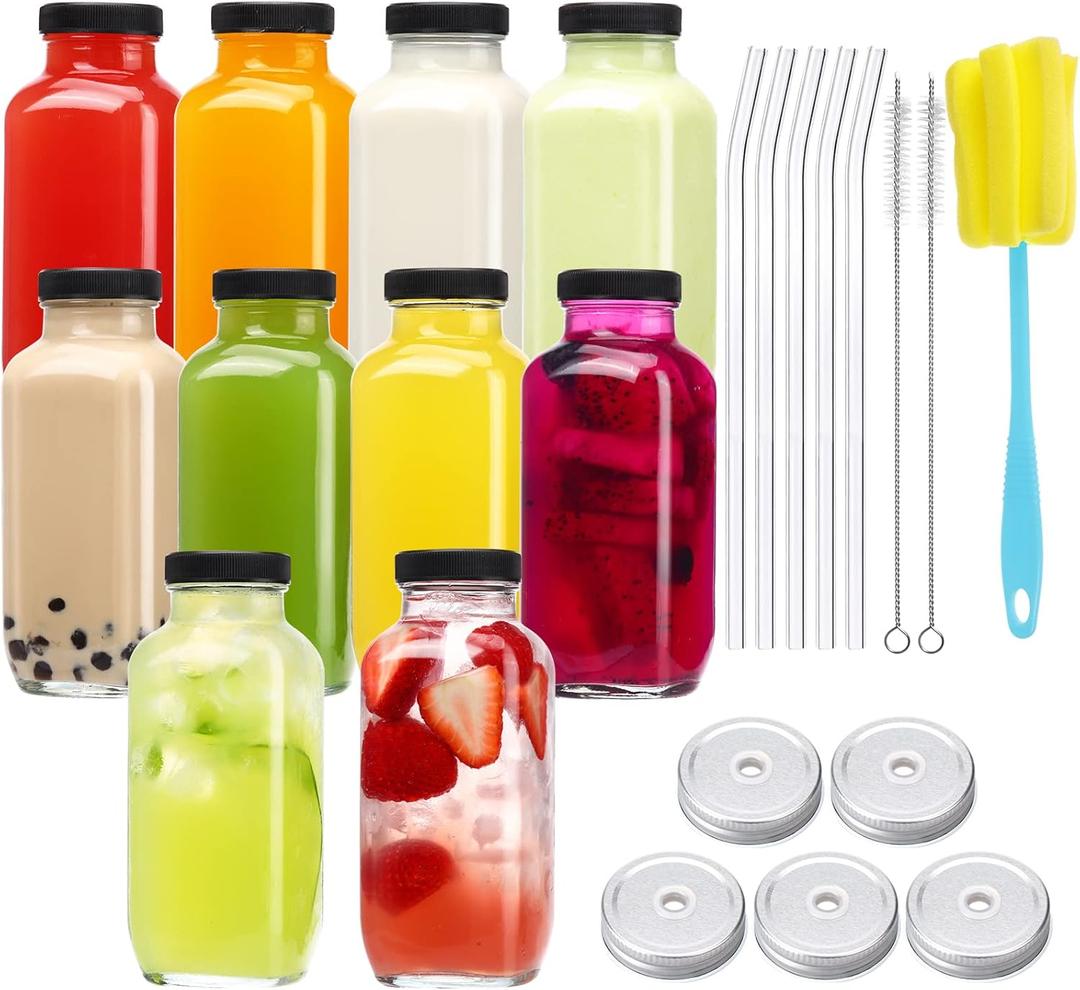 CUCUMI 10pcs 16oz Glass Juice Bottles with Lids, Reusable Juice Containers Drinking Jars Water Cups with Brush, Glass Straws, Lids with Hole | 10pcs, with Lids, Reusable, Juice Containers, Drinking Jars, Water Cups