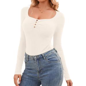 Amoretu Womens Henley Tops Long Sleeve Scoop Neck Tshirts Ruched Fitted T Shirts (Black, L)