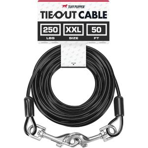Tuff Pupper Dog Tie Out Cable 50 Feet | Dog Runner Cable for Yard 50 ft | Heavy Duty Lead | Water & Rust Resistant Industrial Strength Steel | 360 Degree No Tangle Swivel Clips