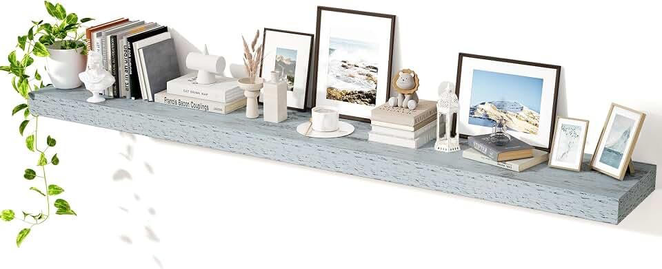 72Inch Floating Shelves for Wall, Rustic Wood Shelves for Bedroom, Bathroom, Kitchen, Hanging Wall Mounted Shelf with Invisible Brackets for Books Decor, Set of 1, Rustic Blue