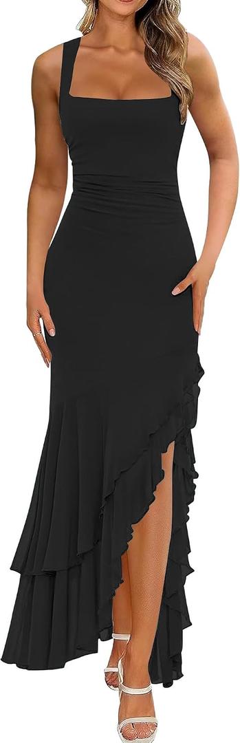 BORIFLORS Women's Elegant Bodycon Ruched Maxi Cocktail Dress Mesh Sleeveless Mermaid Ruffle Beach Wedding Guest Long Dresses (Black, M)