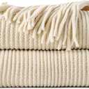 BATTILO HOME Beige Throw Blanket for Couch, Soft Chenille Knit Throws with Tassels for Home Decor, White Cream Throws for Bed Couch Cover, 60"x80"