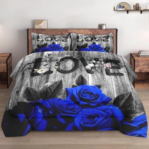 WeCozy Comforter Set Queen Size with 2 Pillowcases, Dark Blue Rose Flower 3 Pcs Bedding for Kids and Adults, Summer Vintage Woodboard Soft Comforter Set for Bedroom Bed Decor