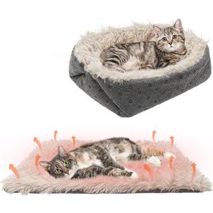 PUPTECK Furry Self Warming Cat Bed Mat - Foldable Convertible Thermal Cat Sleeping Bag Pad, Comfy Pet Heated Nest Mat Anti-Slip for Puppy