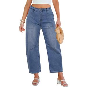 GRAPENT Barrel Jeans for Women High Waisted Trendy Wide Leg Baggy Ankle Length Stretchy Denim Trouser Jeans with Pockets (Small, Seaport Blue) GRAPENT Barrel Jeans for Women High Waisted Trendy Wide Leg Baggy Ankle Length Stretchy Denim Trouser Jeans with Pockets (Small, Seaport Blue)
