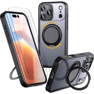 for iPhone 17 Pro Case, with 2 Tempered Glass Film, 360 Spin Magnetic Stand, Compatible with Magsafe, Military-Grade Drop Protection Case, Black