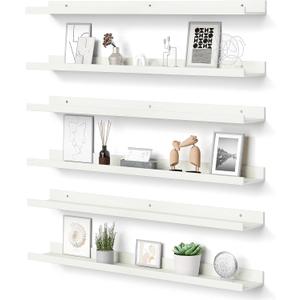 upsimples Floating Shelves for Wall, 35.5 Inch Shelves for Decor Storage Set of 6, Wall Mounted Wood Shelf for Bedroom, Living Room, Bathroom, Kitchen, Long Picture Ledge Shelves, White