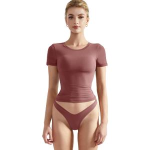 SUUKSESS Women Double Lined Fitted Basic Tee Crew Neck Short Sleeve Y2K Crop Top (Medium, Marsala)