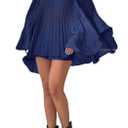 Annystore Pleated Shorts Sets Women 2 Piece Outfits Casual Off Shoulder Bell Sleeve Flowy Swing Oversized Shirt Short Pants Summer Lounge Plisse Set Deep Blue Large