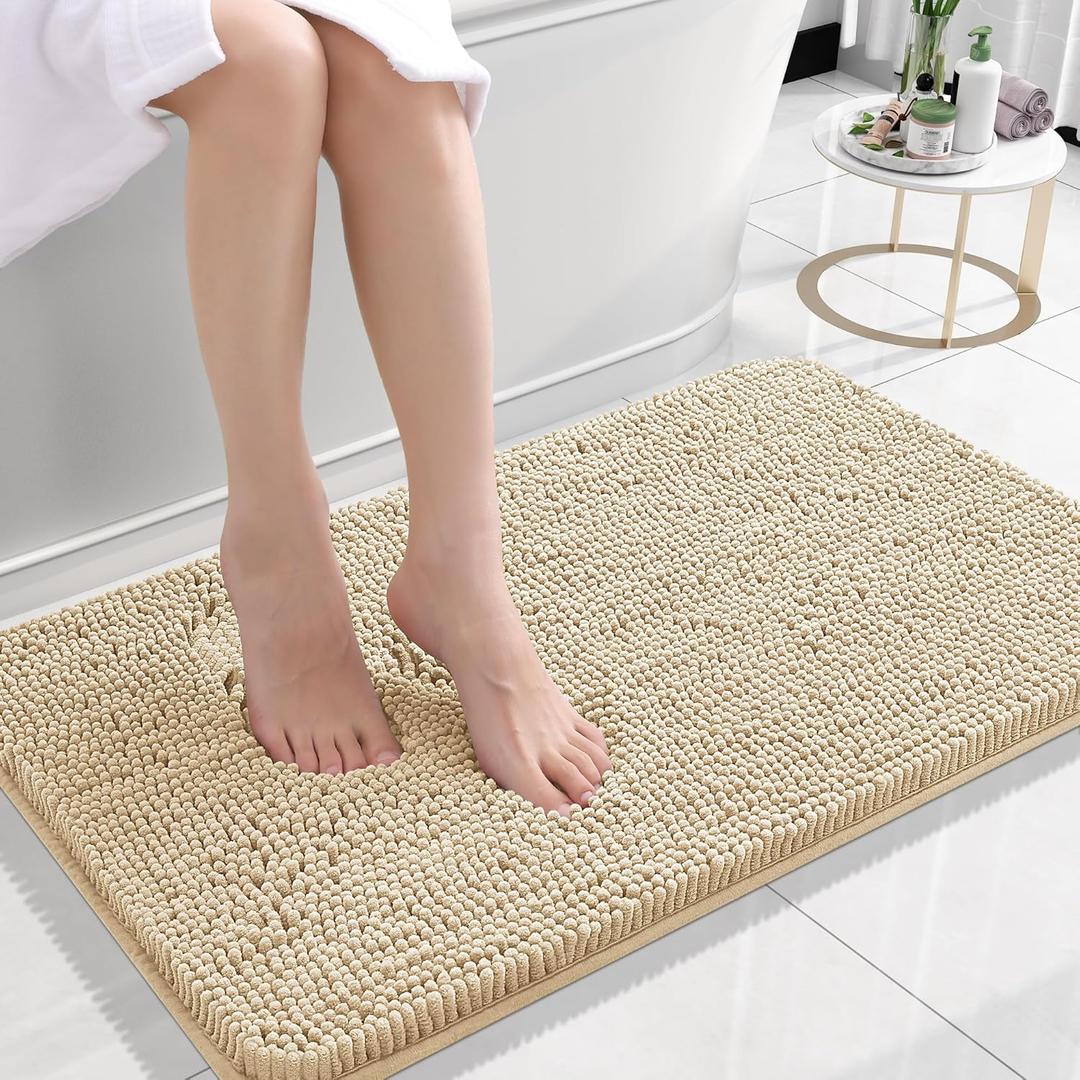 OLANLY Bathroom Rugs 24x16, Extra Soft Absorbent Chenille Bath Rugs, Rubber Backing Quick Dry, Machine Washable Bath Mats for Bathroom Floor, Tub and Shower, Home Decor Accessories, Beige