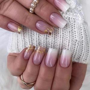 Ombre Pink Press on Nails Medium Square Fake Nails with Designs Glitter False Nail Press ons Gold Foil Glue on Nails Glossy Full Cover Acrylic Artificial Stick on Nails for Women Manicure 24pcs (Style-10)