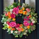 24 Inch Spring Wreaths for Front Door Outside,Handcrafted Garden Rose & Peony Style Summer Wreath with Pink,Orange Ivory Flowers- Lush Spring Door Wreath for Farmhouse Home Wall Porch Window