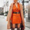 SANSTHS Vintage Women Stretchy Wide Belt Chunky Buckle Elastic Wide Waist Belts for Dresses Coats (M: Fit Waist Size:34"-39", Coffee)