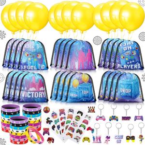 196 Pcs Video Game Birthday Party Decorations Video Game Party Favors Loot Drop Drawstring Gift Bags Gaming Wristband Keychain Sticker Balloon for Rewards Goodie Bags Stuffers