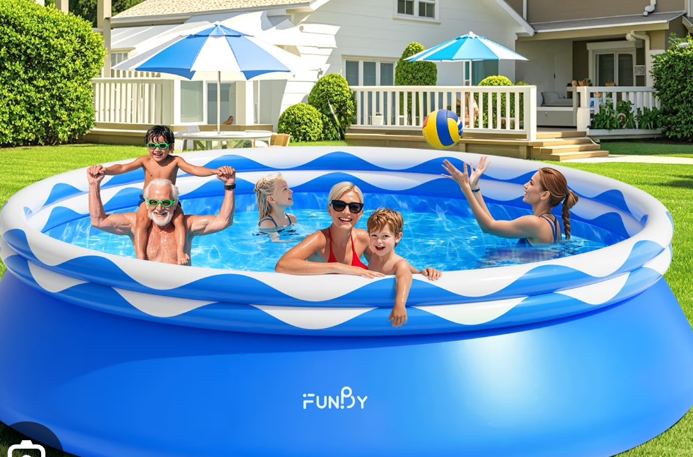 FunBy Upgraded Double Rings Inflatable Above Ground Swimming Pool Easy Set for Adults, Inflatable Top Rings Above Ground Swimming Pool, Water Ripple Print, 500 Gal Capacity (8ftx25in)