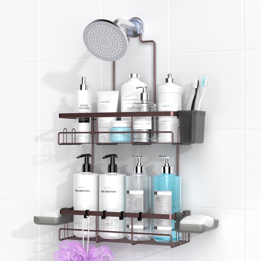 Shower Caddy Hanging Bathroom Organizer: Rustproof Shelf for Inside Shower - No Drilling, Over Showerhead - Bath Shelves for Shampoo, Soap - Bronze