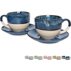 Bosmarlin Ceramic Cappuccino Cup and Saucer Set of 2, 10 Oz, Coffee Cups for Latte, Espresso, Tea, Dishwasher and Microwave Safe, Reavtive Glaze (Deep Blue)
