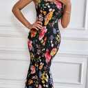 PRETTYGARDEN Women's Summer Floral Midi Tank Dress Sleeveless Strappy Ruffle Hem Smocked Bodycon Dresses (Black, M)