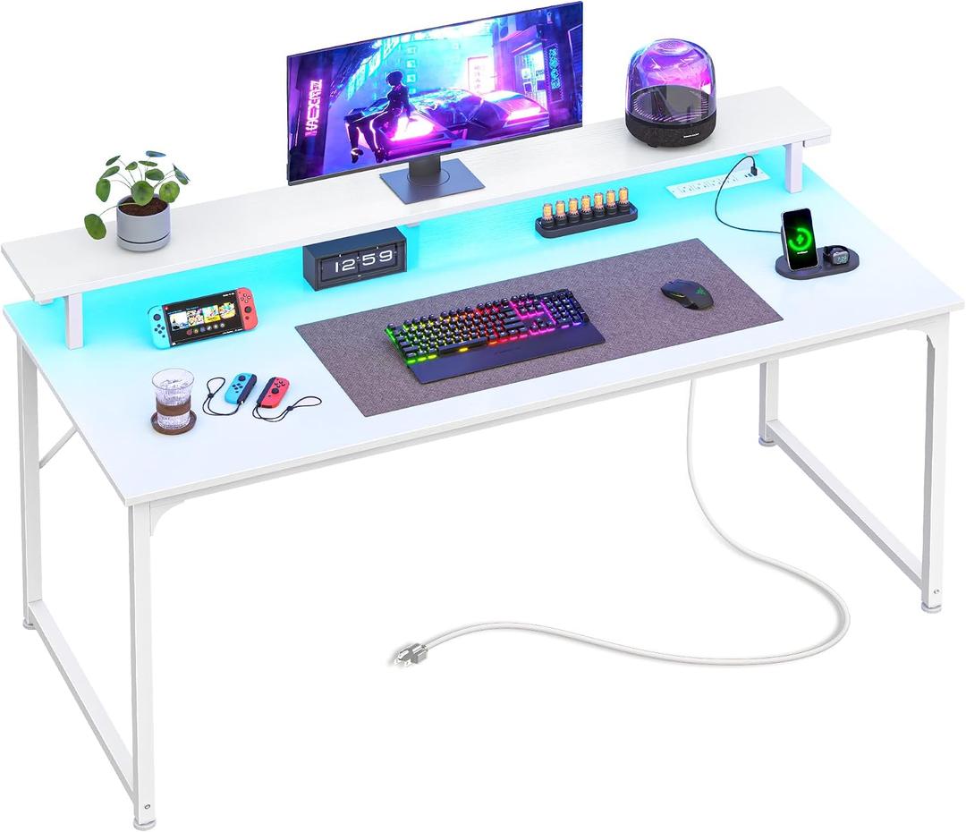 PRAISUN 48 inch Gaming Desk, LED & Power Outlets, Monitor Stand, White