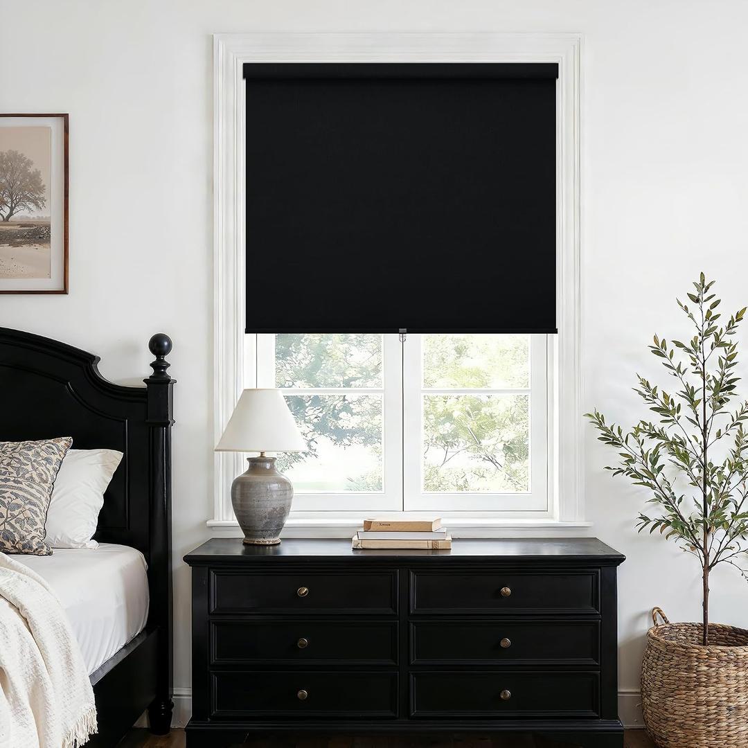 Blackout Roller Shades for Bedroom Windows Blinds Cordless Free-Stop Thermal Insulated UV Protection 100% Black Out Linen Fabric Shades Blinds with Valance for Indoor Living Dining Room Black 34Wx72H