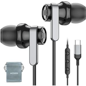 USB C Wired Earphones with Microphone & Volume Control, Type-C in-Ear Headphones with Portable Pouch & Noise Isolating Stereo Sound for Samsung, Google Pixel, iPad Pro, Laptop, Tablet (Black)