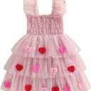 Toddler Valentines Outfit Girl Baby Heart Fly Sleeve Mesh Layered Princess Dress Little Girls Summer Tulle Dresses (5-6 Years, Pink)