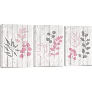 HOMEOART Leaf Print Canvas Wall Art Pink and Grey Botanical Plant Leaves Painting Rustic Bathroom Decor Pictures Framed Ready to Hang 12"x16"x3 Panels