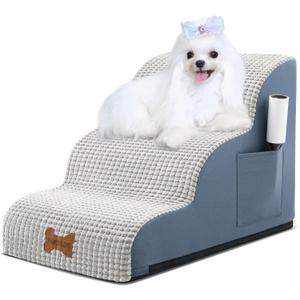 POCBLUE Dog Stairs for Small Dogs 15.7" H, 3-Step Wide Pet Step for High Bed or Couch, Curved Pet Ramps for Cats with High-Density Foam and Washable Cover, Grey (15.7x22.8x15.7in)