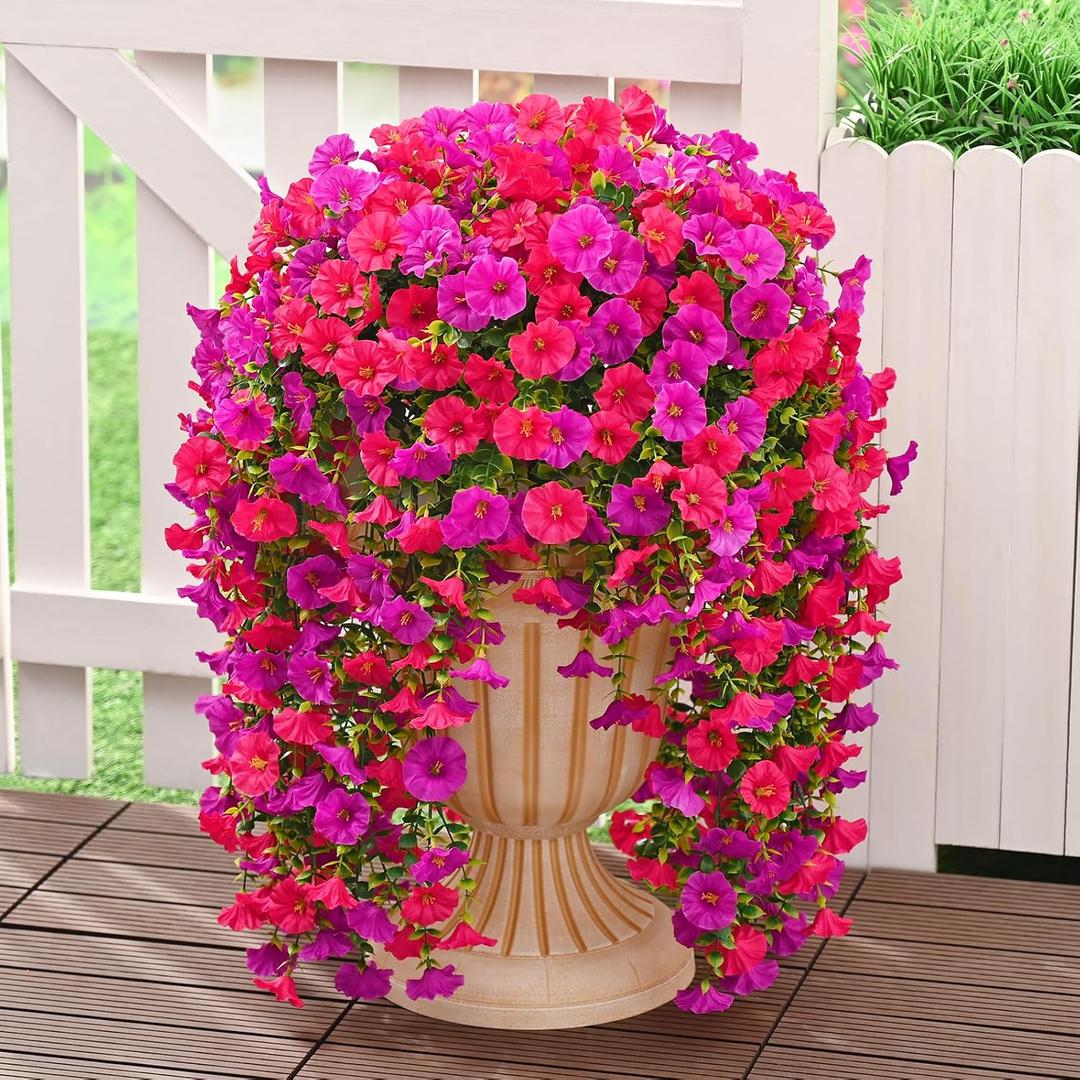 Dolicer 2 Packs Look Real Artificial Flowers for Outdoors, Fake Artificial Hanging Flowers for Outdoors Realistic UV Resistant Faux Hanging Flowers Silk Petunia for Porch Patio (Fuchsia+Rose Red)