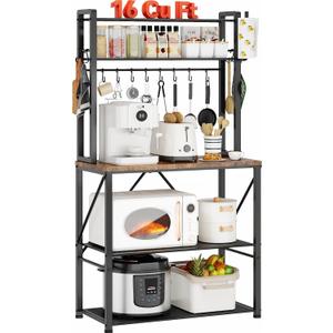 YASONIC Coffee Bar, Bakers Rack with Storage, 25.6 Inches Microwave Stand, 5 Tier Kitchen Shelves Appliance Storage, 12 S Hooks Large Coffee Station for Spices, Pots and Pans, Rustic Brown