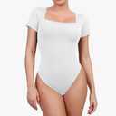 Popilush Shapewear Bodysuits for Women with Built In Bra Square Neck Short Sleeve Thong Body Suits Corset Tops, S