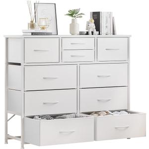 LUMTOK 10-Drawer Dresser, Fabric Storage Dressers Drawers for Bedroom, Hallway, Nursery, Closets, Steel Frame, Wood Top, Easy Pull Handle (White)