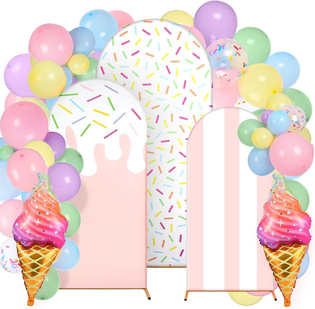 Foilswirl 34 Pcs Sweet One Birthday Decorations Pastel Donut Ice Cream Balloon Arch Backdrop Covers Pastel Spandex Arch Backdrop Cover with Ice Cream Foil Donut Balloons for Sweet Birthday Party