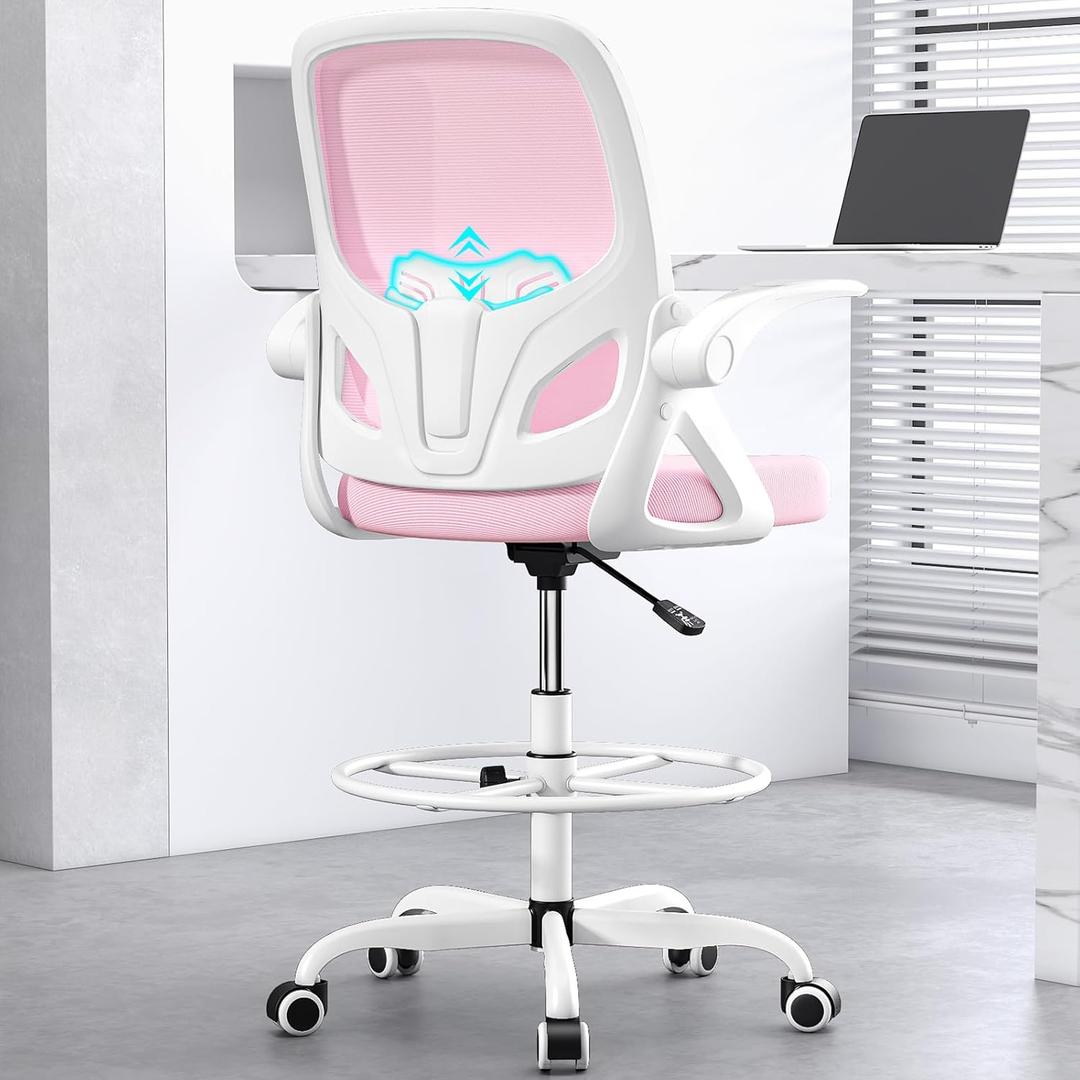 Tall Drafting Chair with Footrest Ring for Home and Work, Ergonomic Home Desk Office Chair with Flip up Arms and Lumbar Support, Extended Height Executive Home Desk Office Chair(Pink)
