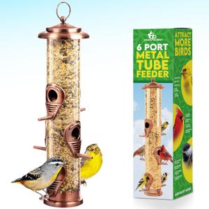 Bird Feeder for Outdoors (Brushed Metal Copper) Hanging Bird Feeders with Locking Lid & Adjustable Hanger, Chew-Proof, Weather Resistant (15 Inches, 6 Port)