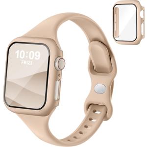 Thin Slim Band and Case Compatible for Apple Watch Bands Women Men 40mm 44mm 42mm 46mm 41mm 45mm, Silicone Sport Strap Cover and Screen Protector for iWatch Series 11/10/9/8/7/6/5/4/SE 3 (Milk Tea)