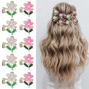 2 x Mini Hair Jaw Clips 10pcs Sparkling Metal Flower Barrettes Non-Slip Metal Sparkly for Teens and Women Cute Hair Accessories (Purple Green)