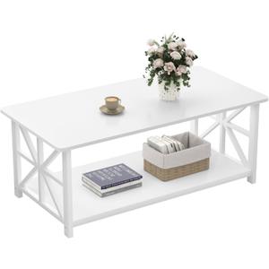 GreenForest Coffee Table for Living Room with Round Corners Farmhouse Style Center Table with Storage Shelf 39 Inch Space Saving Easy Assembly Full White