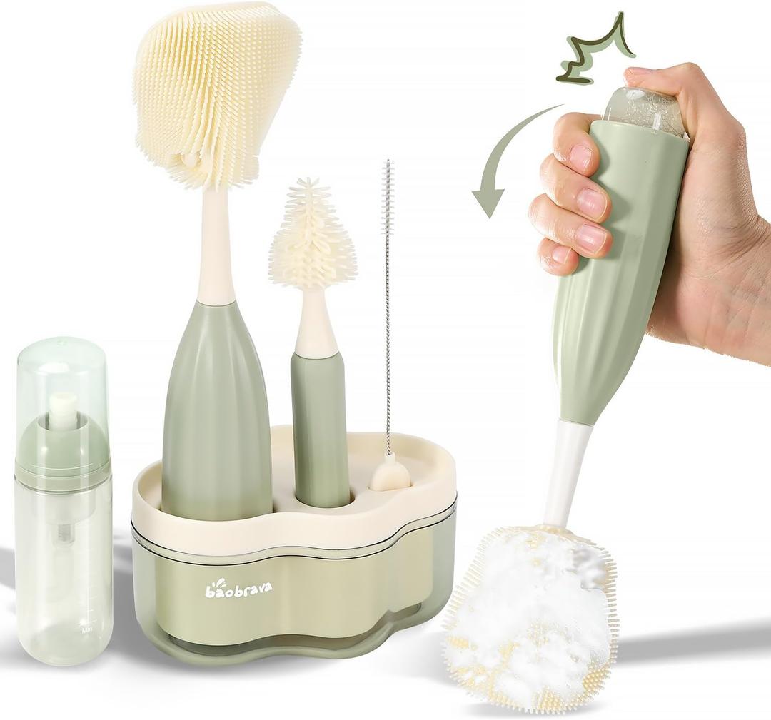 Baby Bottle Brush Set [Push-Press + Bendable Bottle Brush: 360Comprehensive Cleaning] Baby Bottle Cleaner Brush Set for Baby Bottle/Nipple/Straw/Breast Pump Drying Rack and Travel Bag Included (Green)