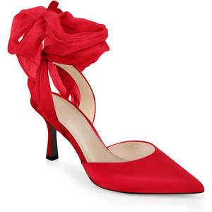 Womens Lace up Satin Heels Bow Pointed Closed Toe Bridal Dress Shoes Low Heel Wedding Elegant Pumps (9)