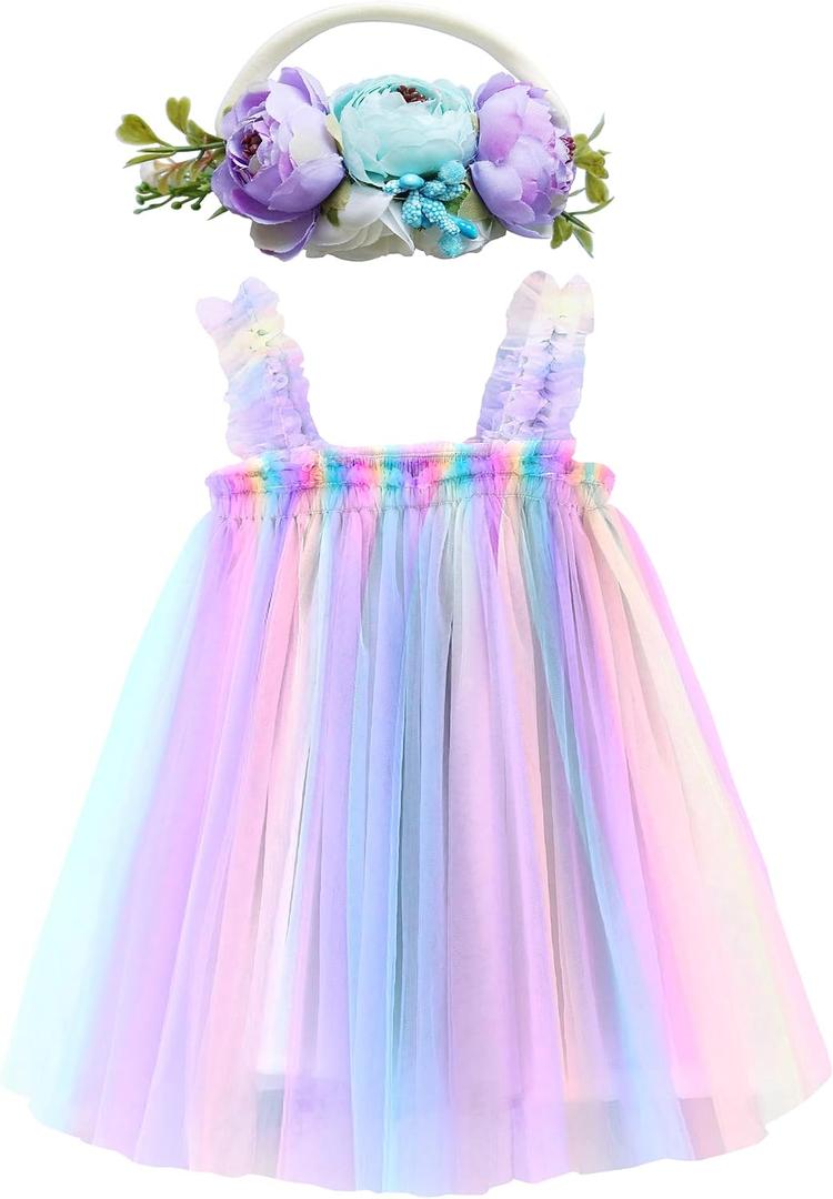 BGFKS Layered Tulle Tutu Dress for Toddler Girls,Baby Girl Rainbow Tutu Princess Skirt Set with Flower Headband.