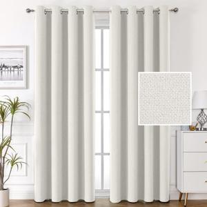 H.VERSAILTEX 100% Blackout Linen Curtains Thermal Curtains for Living Room Textured Burlap Curtains with Double Face Linen Grommet Soundproof Bedroom Curtains 52 x 84 Inch, 2 Panels  Heather White