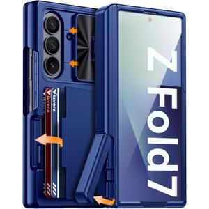 Vizvera for Samsung Galaxy Z Fold 7 Case RFID Wallet with Cards Holder[Kickstand][Camera Cover] Shockproof Silicone Protective Phone Case for Z Fold 7 2025-Blue