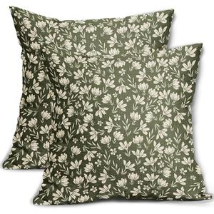 Olive Green Floral Pillow Covers 18x18 Set of 2 Vintage Rustic Old Style Cute Small Flower Green Cream Print Decorative Outdoor Pillowcases Farmhouse Throw Cushion Case Decor for Couch Sofa Bed
