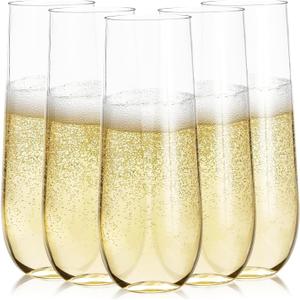 Prestee 24 Plastic Champagne Flutes - 9oz Heavy Duty Stemless Champagne Glasses for Parties - Disposable Clear Plastic Toasting Glasses, Mimosa Glass for New Years Eve Party Supplies